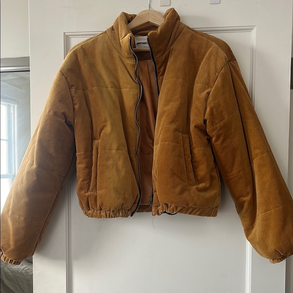 Burnt Orange Corduroy Crop Puffer Jacket, Color Faded Patches